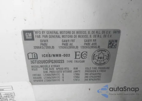 2015 GMC Sierra 1500 Sle z USA, uszkodzony, nr VIN 3GTU2UEC6FG360223